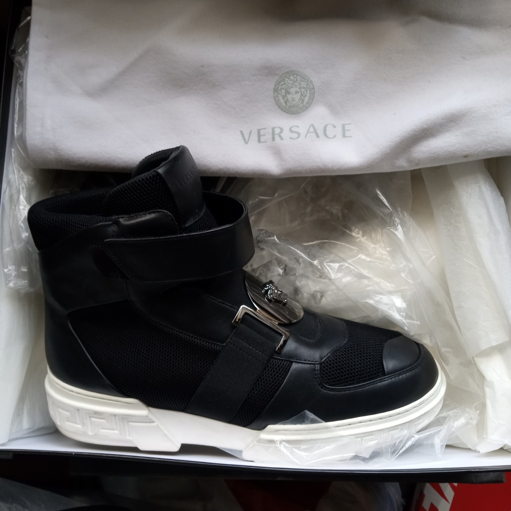Versace Black and White High-Top Sneakers with Logo Buckle
